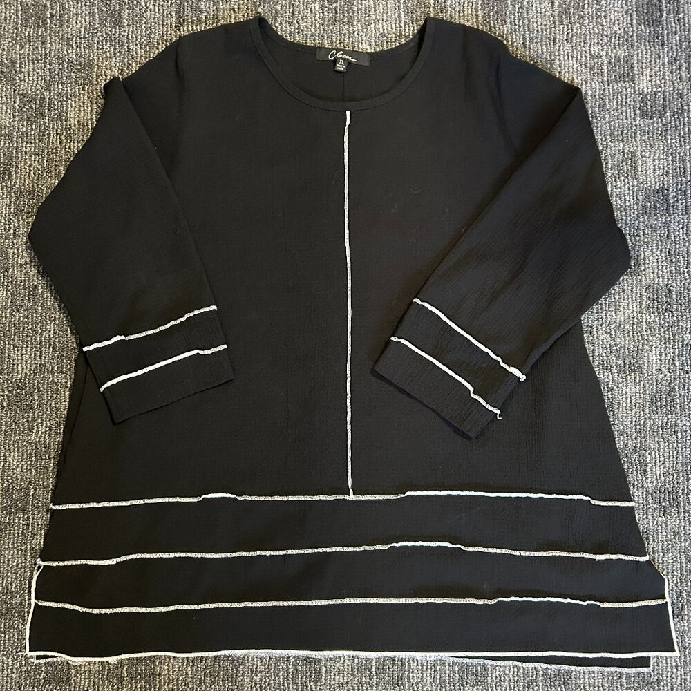 Calessa black gauzy crinkle tunic top white stitching trim XL goth avant garde